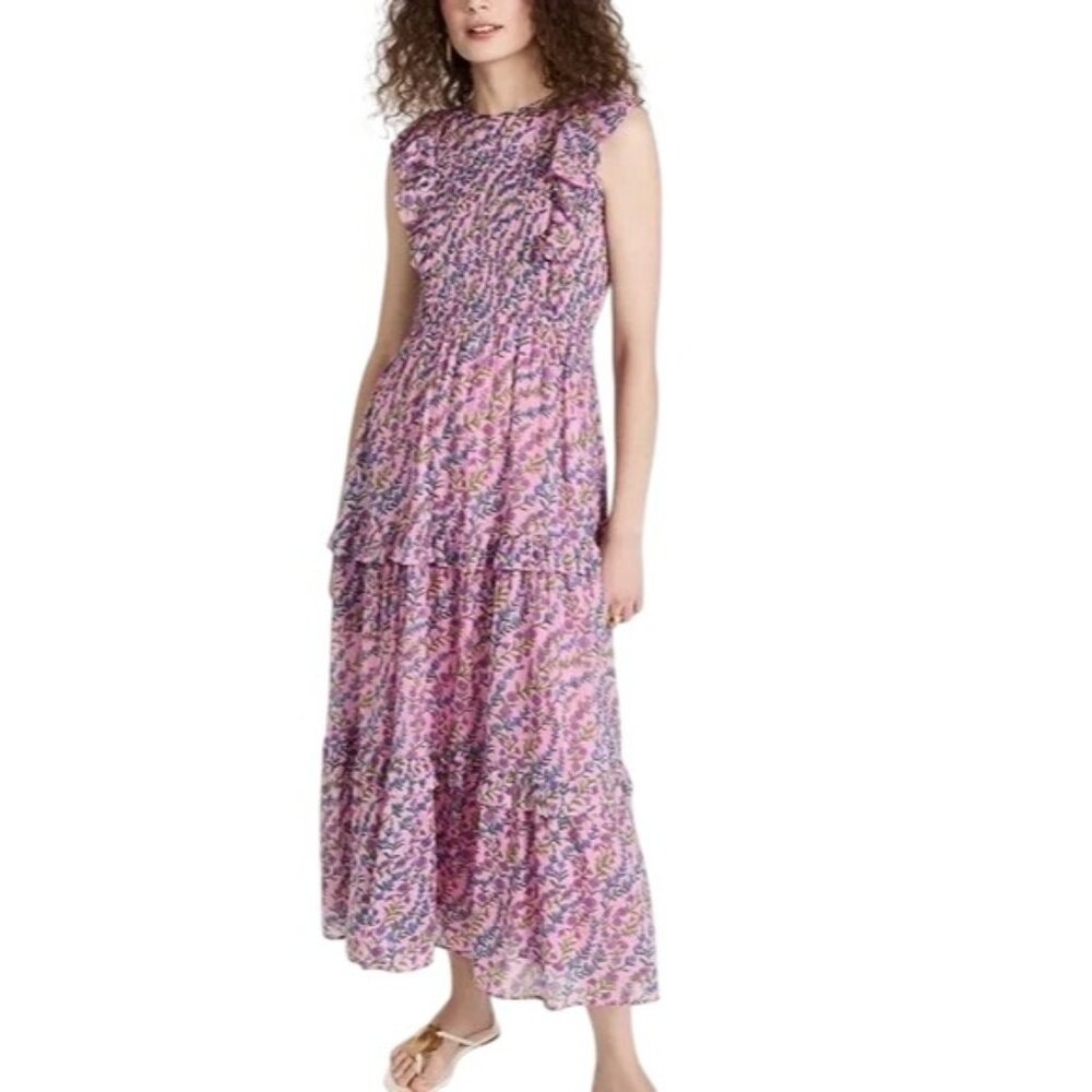 NEW Banjanan Iris Boundless Floral Sachet Pink Ruffle Maxi Dress Womens XS